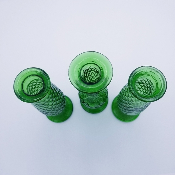Vintage E.O. Brody Co Emerald Green Glass Bud Vases Diamond Pattern 7-1/2" - Picture 3 of 7